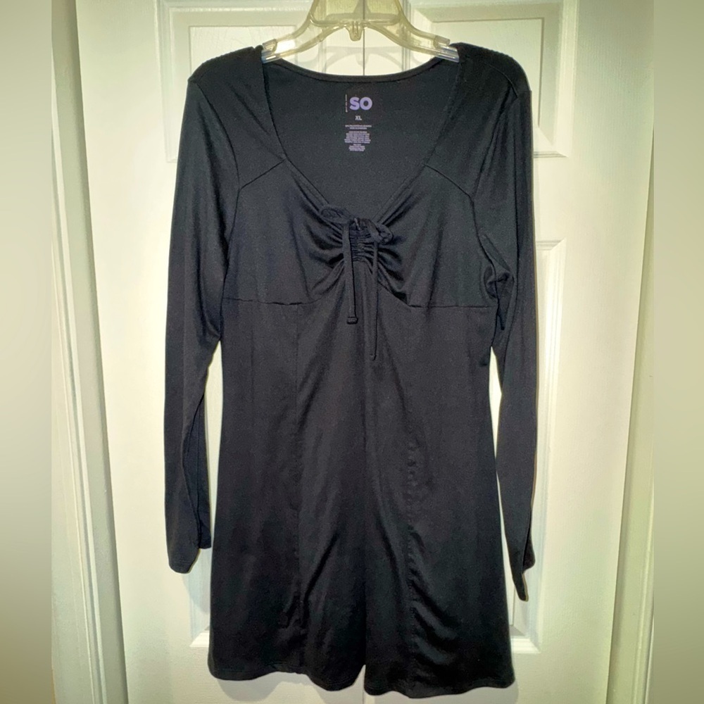 SO Black Long Sleeve Dress w cinch tie front stretchy and comfy size XL NWOT